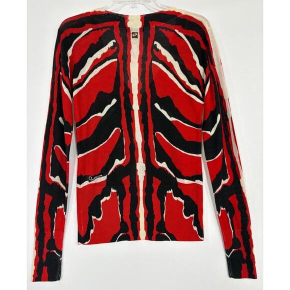 Roberto Cavalli Red Animal Print Abstract V Neck Sweater Size 4 - Picture 2 of 12